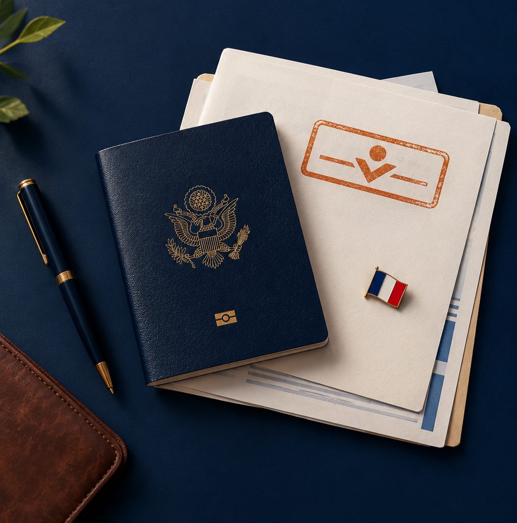 An American passport on a stamped dossier with a French flag pin